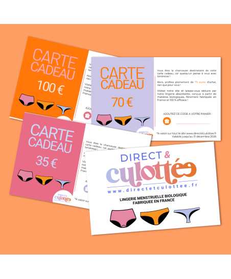 Carte cadeau Direct et Culottée : Offrez une culotte menstruelle, un cadeau qui a du sens!